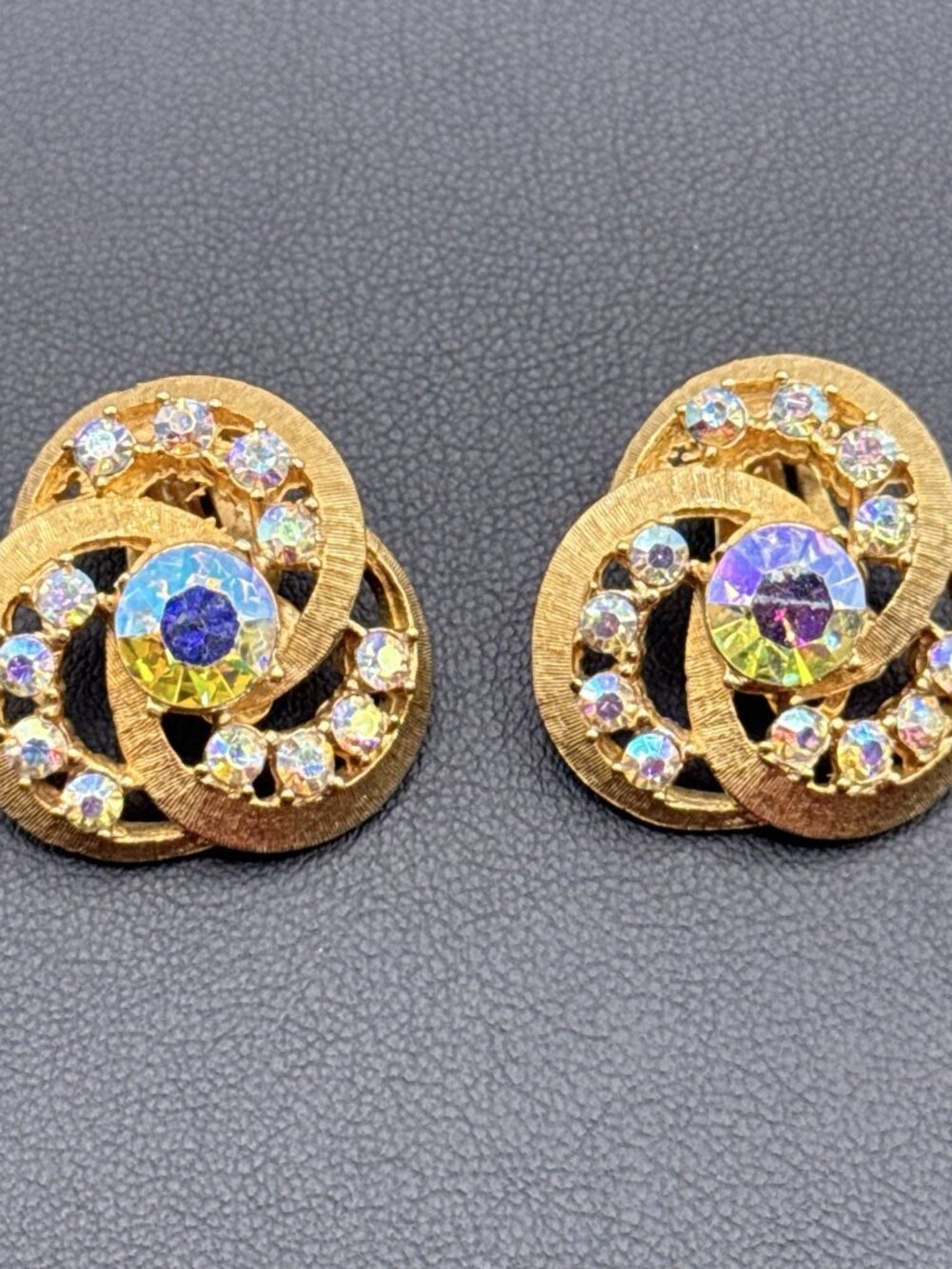 Vintage Charel Earrings Clip On AB Rhinestones Cluster Gold Tone Textured Swirl